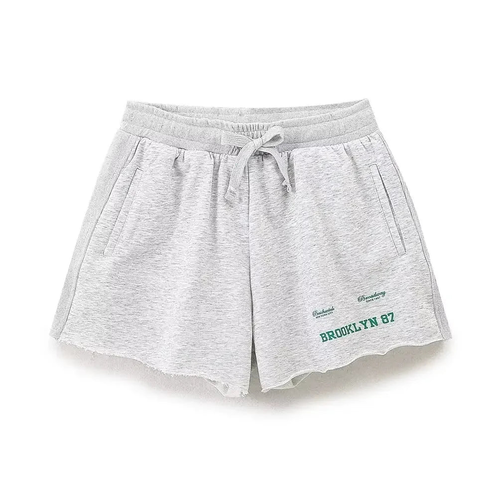 Plush Ensemble Femme 2 Piece COTTON Short Sets for Women Two Colors Text Print O-neck Sweatshirts + Mid Elastic Waistband Shorts