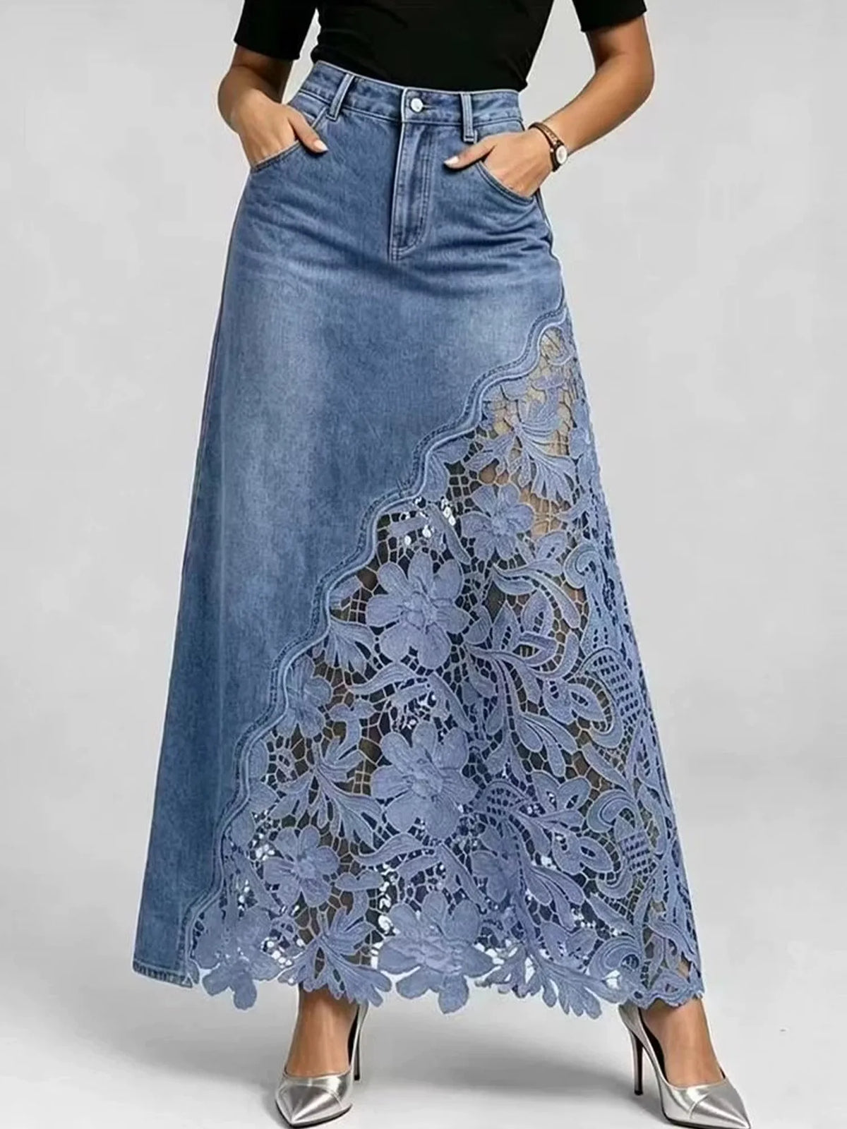Women Denim Skirt Floral Lace Hollow Out Asymmetric Panel Skirt With Pockets Vintage Casual Irregular Hem Slim Jean Bottoms