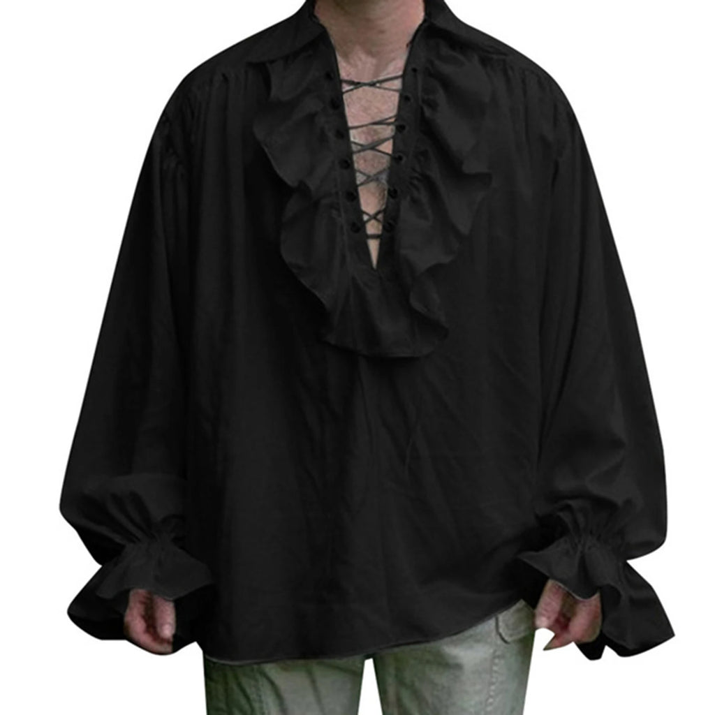 Medieval Mens Renaissance Costume Ruffled Shirts Long Sleeve Lace Up Steampunk Pirate Shirt Cosplay  Stage Costume for Women