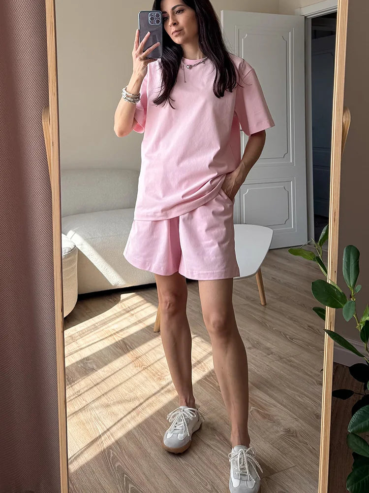 Summer 2 Piece Shorts Set Woman Cotton Brown Oversized T Shirts And Shorts Two Pieces Outfits For Women White Short Sets Pink