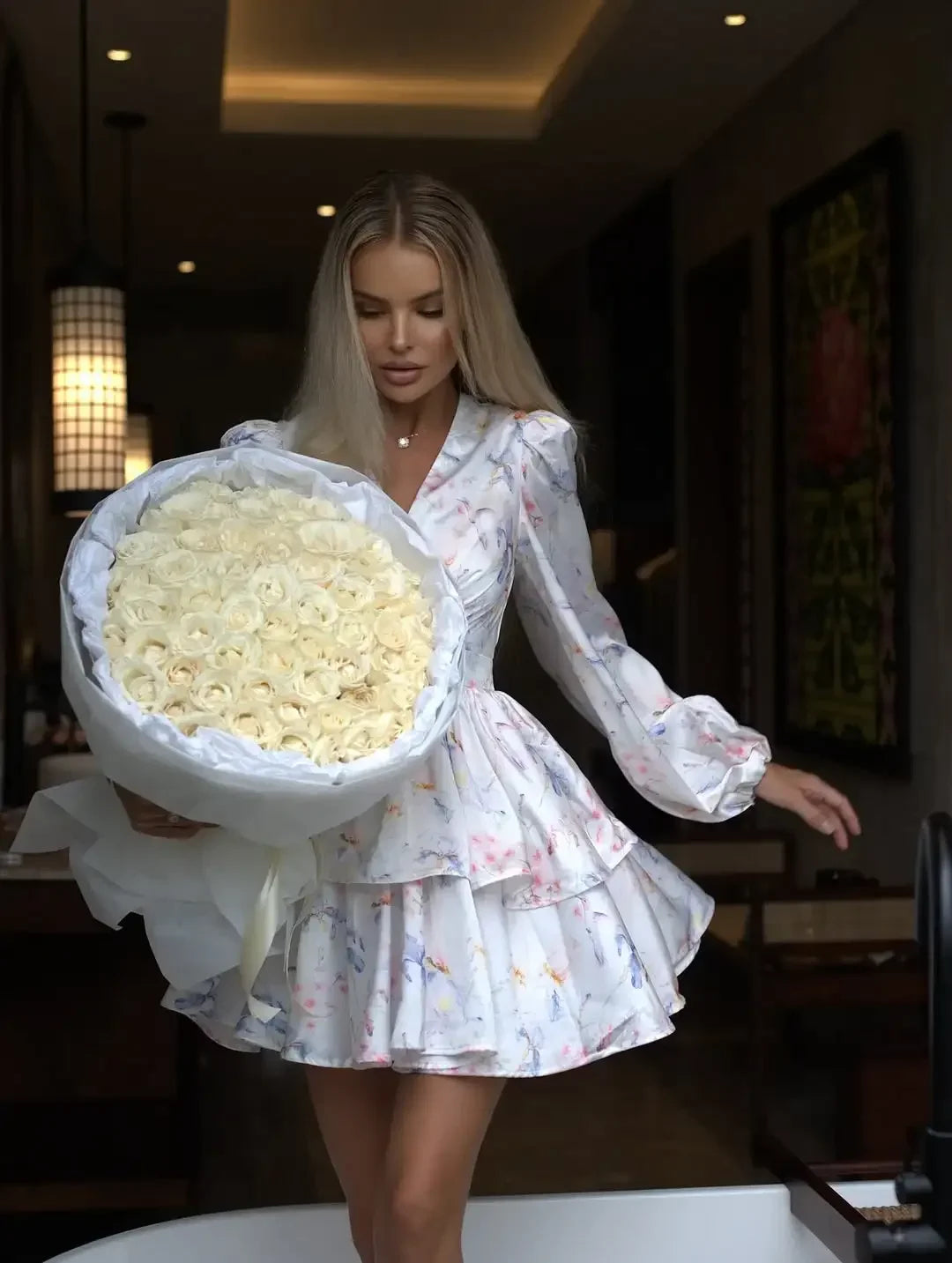 Floral Print Long Sleeve Women's Dress V Neck Puff Long Sleeve Wrap Waist Tiered Ruffle Mini Dresses Wedding Party Summer Robes