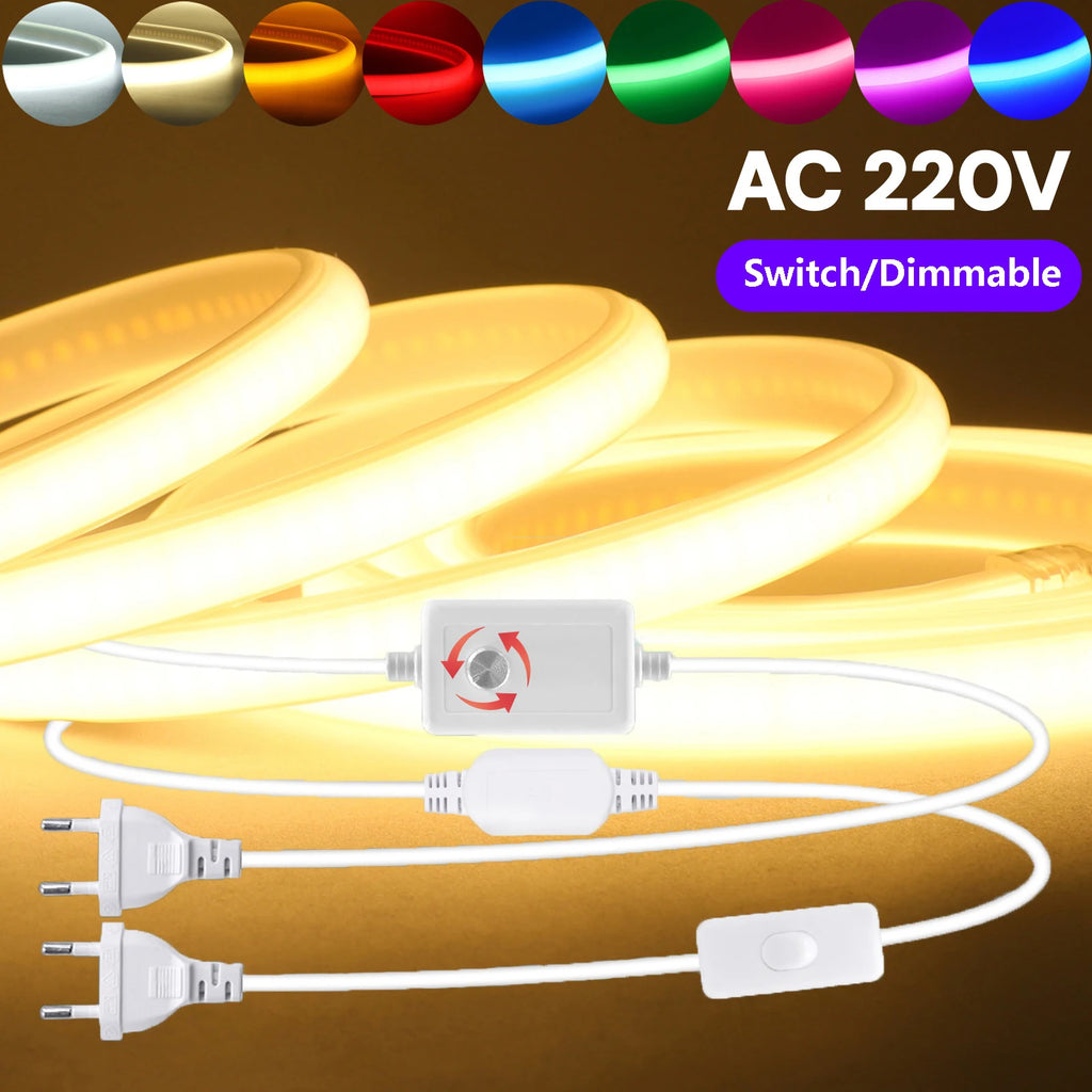 1-20M 220V COB LED Strip 288LEDs/m Outdoor IP65 Waterproof Switch/Dimmable LED Tape Ribbon Neon Lights For Kitchen Room 10 Color
