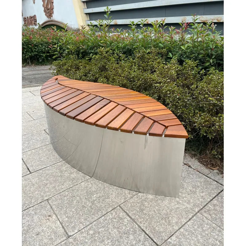 Thermal Designer Wooden Bench with Stainless Steel Frame Dual-Purpose Indoor Outdoor Seating Leaf-Shaped Wooden Slat Seat