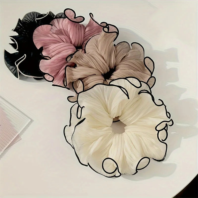 Elegant Tassel Design Fabric Hair Ties - Solid Color Chiffon Scrunchies, Pleated Hair Bands for Women'S Bun
