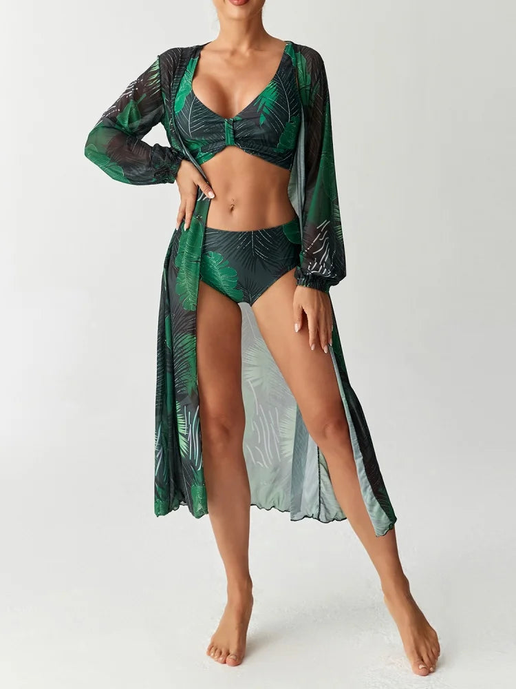 Bikini Women Swimsuit 2026 New Print Sling Bikini Set Sexy High Waist Swimwear Summer Long Sleeve Mesh Beach Bathing Suit Female