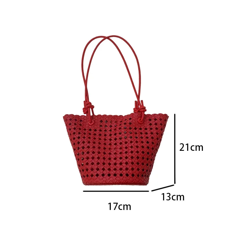 Hand-woven Openwork handBag With Zipper Inner Pocket,summer Pu Leather Beach Bucket Bags,large Capacity Simple Shopping handBag