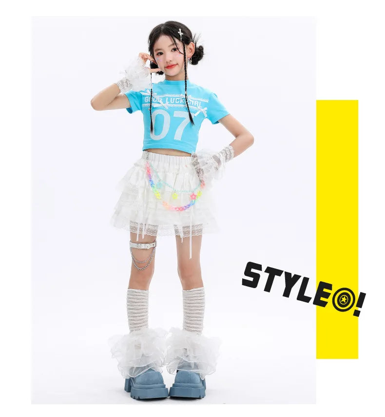 Kid Cute Hip Hop Clothing BLue Crop T Shirt Sleeves White Layered Lace Pleated Mini Skirt for Girls Jazz Dance Costume Clothes