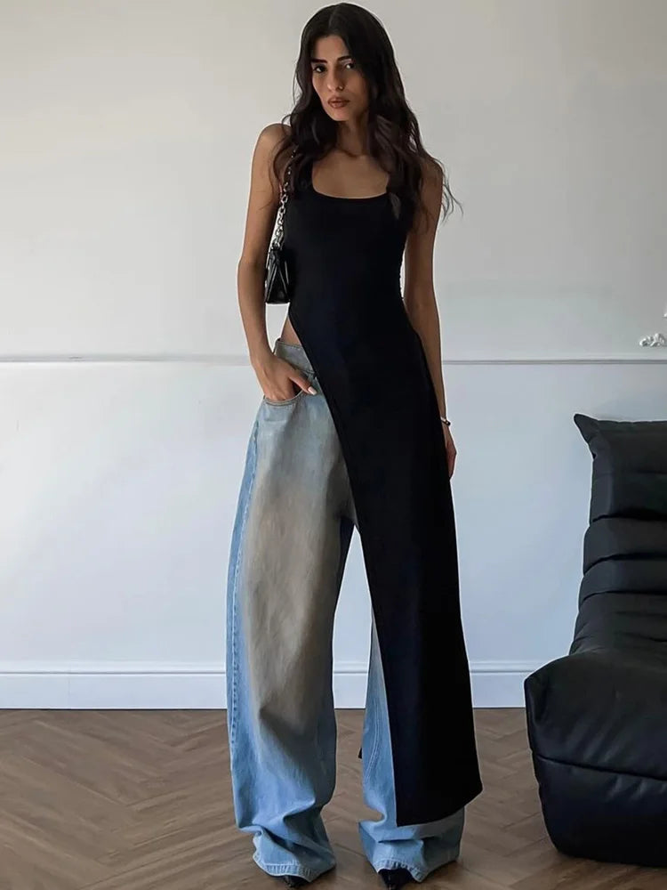 Sexy Sleeveless Side High Split Midi Dress Backless Women's Summer Party Club Streetwear Y2K Style Solid Color