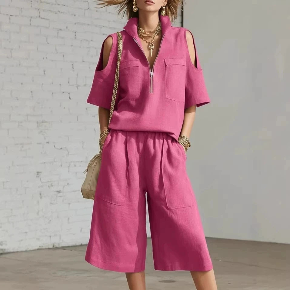 Two piece Women's clothing 2026 Summer New Fashion Loose Solid Short sleeved Top+elastic waist Pants Casual Clothing Sets