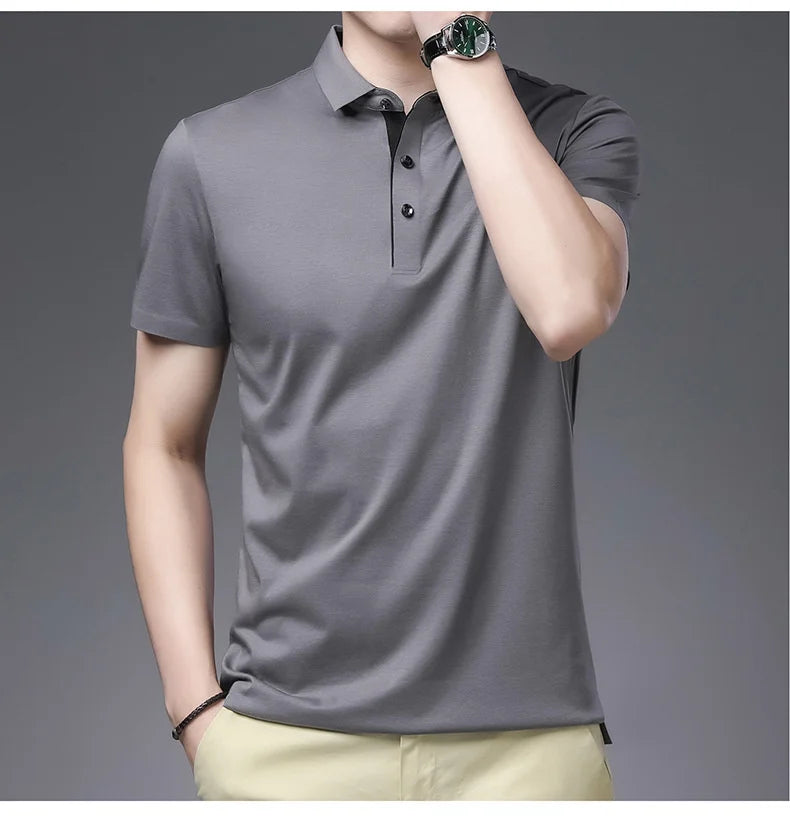 Bamboo Fiber Viscose And Cotton Blend Polo Shirt Men Short Sleeve Collar New Seamless T-shirt Summer Thin Lightweight Poloshirt