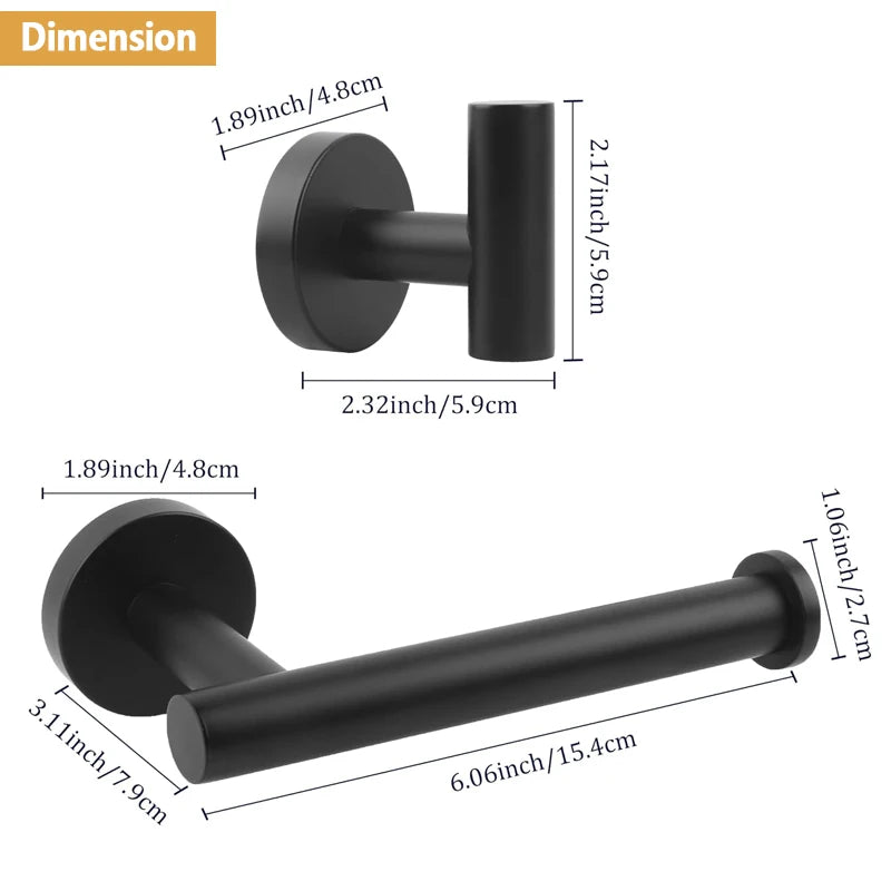 Bathroom Hardware Set Matte Black 3PCS Stainless Steel Toilet Paper Holder Towel Robe Hooks Wall Mounted