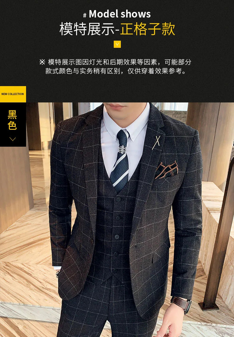 S-7XL ( Blazer + Vest + Pants ) Striped Plaid Solid Color Mens Formal Business Suit 3Pcs Set Groom Wedding Social Show Dress