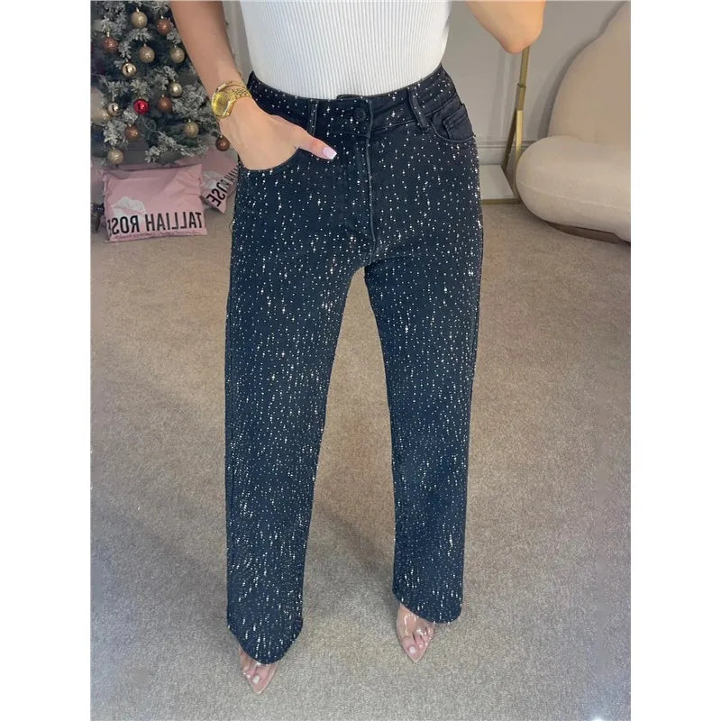 Sexy High Waist Straight Leg Women's Jeans Diamond Washed Cotton Blend Long Pants Trendy Fashionable Ladies Premium Denim