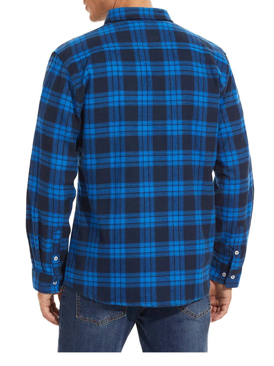 MAGCOMSEN Autumn Windproof Men's Flannel Shirt Warm Long Sleeve Casual Plaid Shirts with Two Chest Pockets