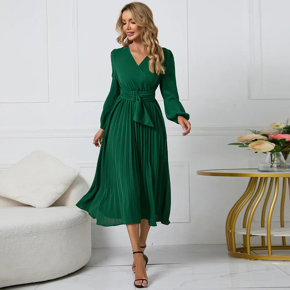 Elegant Women's Green Chiffon Autumn/Winter Long Sleeve Slim Fit Pleated Dress Fashion Women's V-neck Belt Party Dresses S-2XL