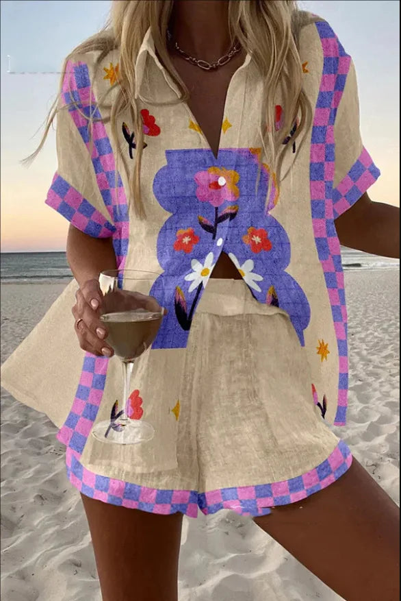Fashion Print Beach Holiday 2-Piece Set Women Summer Short Sleeve Shirt Top + Wide Legs Short Women's Oversized Two-Piece Outfit