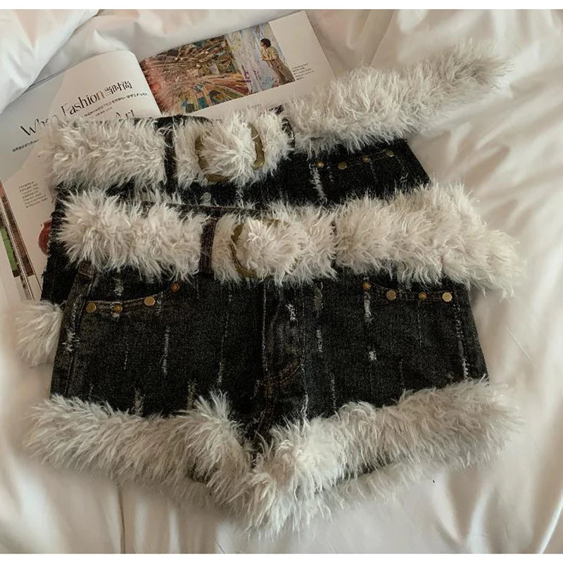 Belt Furry Denim Shorts Women 2024 New Fashion Loose Casual Pocket Sexy Shorts Denim Shorts Female Short Pants Zipper Jeans