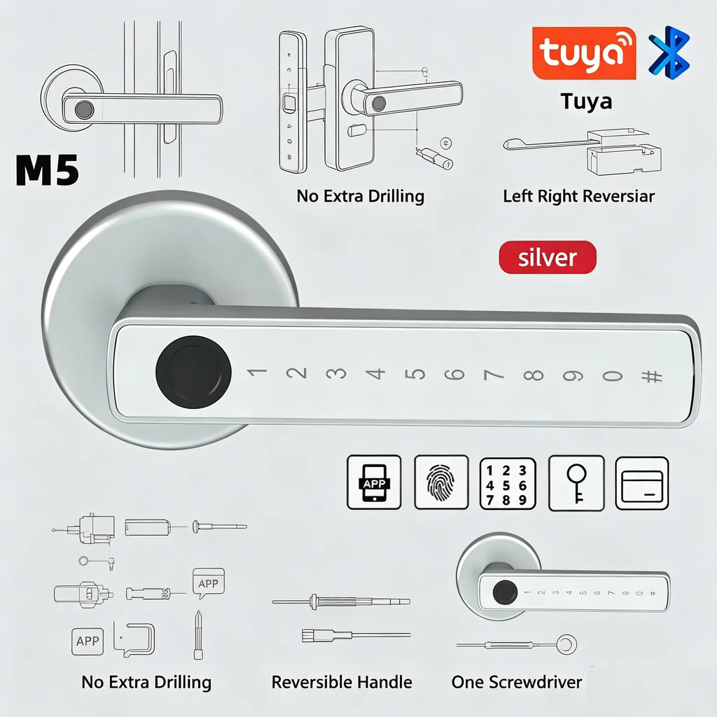 HTMCKM5 Smart Fingerprint Door Lock - Digital Electronic Lock with Password Key IC Card Tuya BLE Smartlife APP Unlock