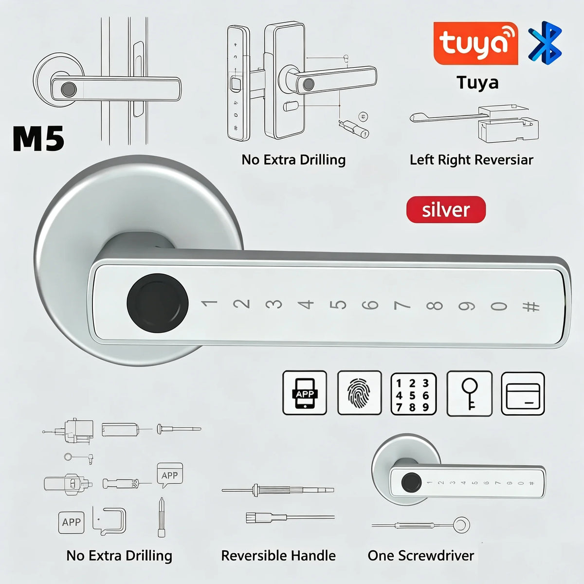 HTMCKM5 Smart Fingerprint Door Lock - Digital Electronic Lock with Password Key IC Card Tuya BLE Smartlife APP Unlock