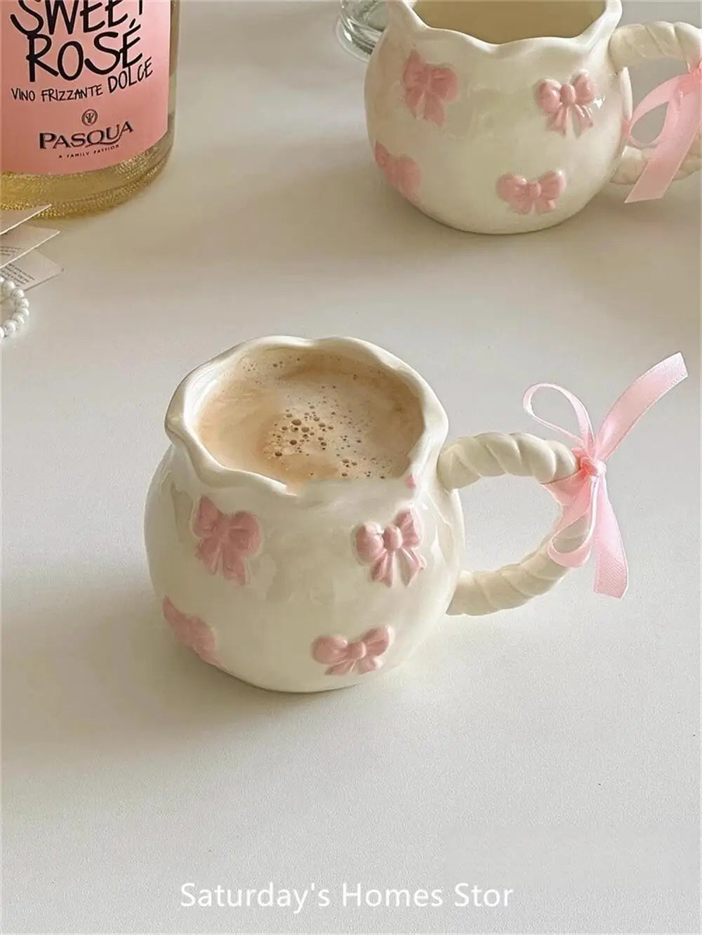 Cute Pink Relief Bow Ceramics Mug Cups Coffee Milk Drinks Ceramics Handle   Cup with Box Girls  Gift