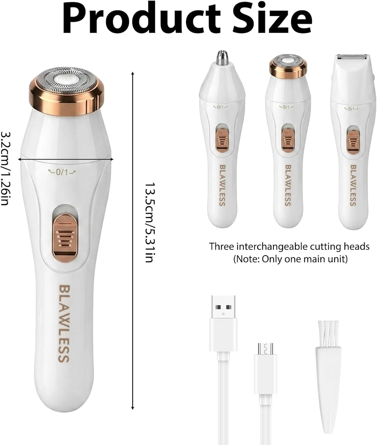 3‑in‑1 Women Electric Hair Remover Facial Body Hair Trimmer Painless Shaver for Nose Eyebrow Leg Armpit Bikini Line USB Charging