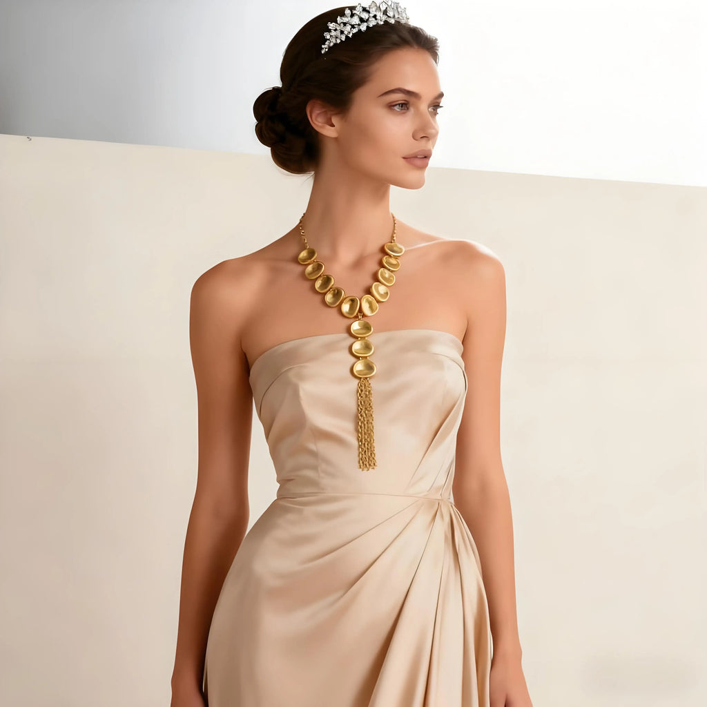 Gold-Tone Statement Necklace Y Shaped with Textured Oval Elements and Chain Tassel Vintage Inspired Fashion Piece for Bold Styli