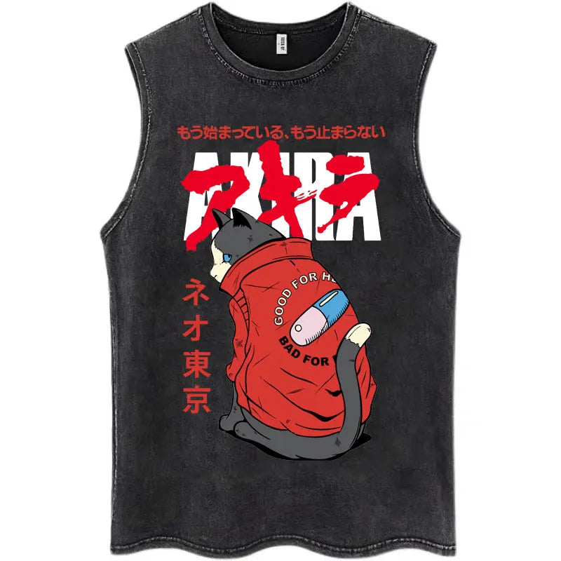 Washed Japan Anime Akira Retro Tank Tops 90s Science Fiction Movie Shotaro Kaneda Sleeveless T Shirts Cotton Casual Loose Vests