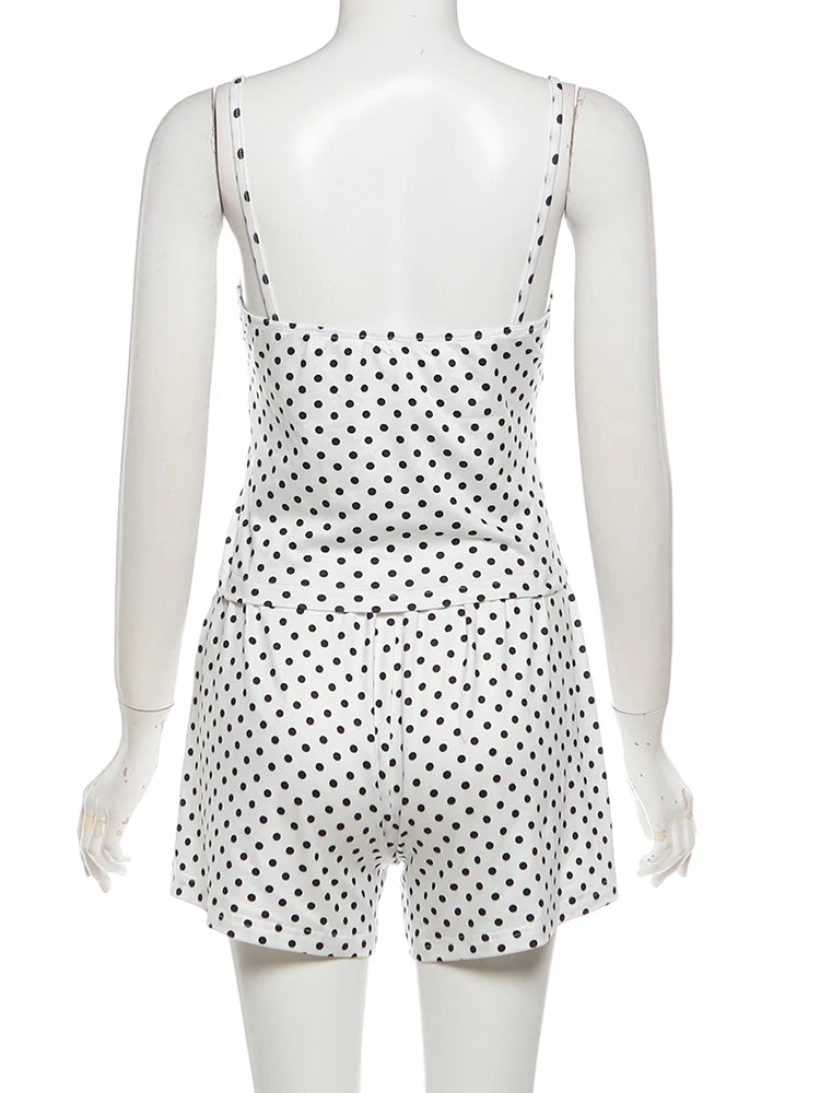 Nibber Street Bow Applique 2 Piece Set Women Fashion Polka Dot Print Low-Neck Sleeveless Camisole+Bike Short Sexy Party Suit