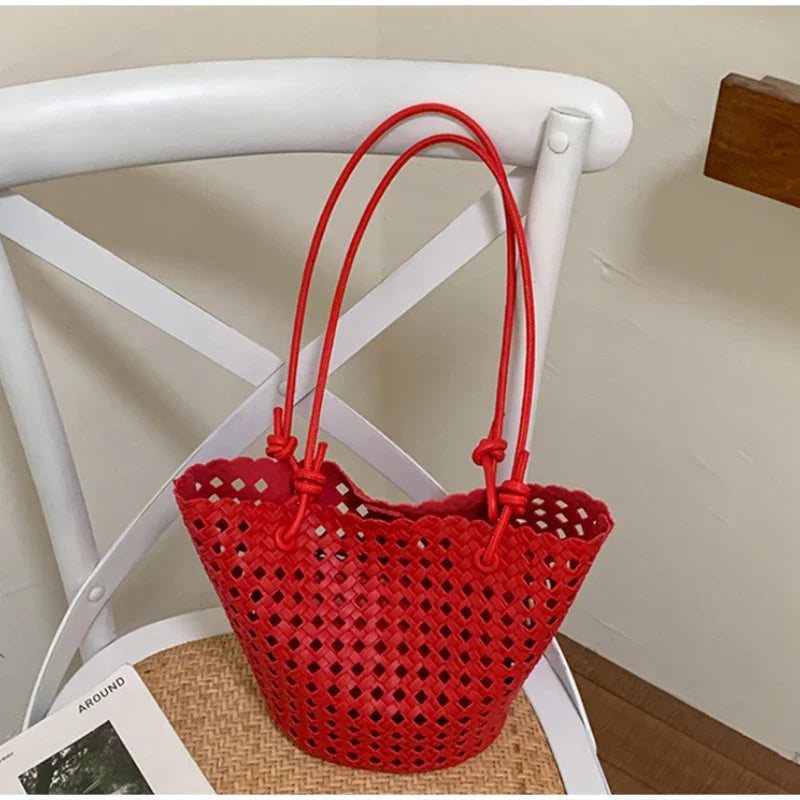 Hand-woven Openwork handBag With Zipper Inner Pocket,summer Pu Leather Beach Bucket Bags,large Capacity Simple Shopping handBag