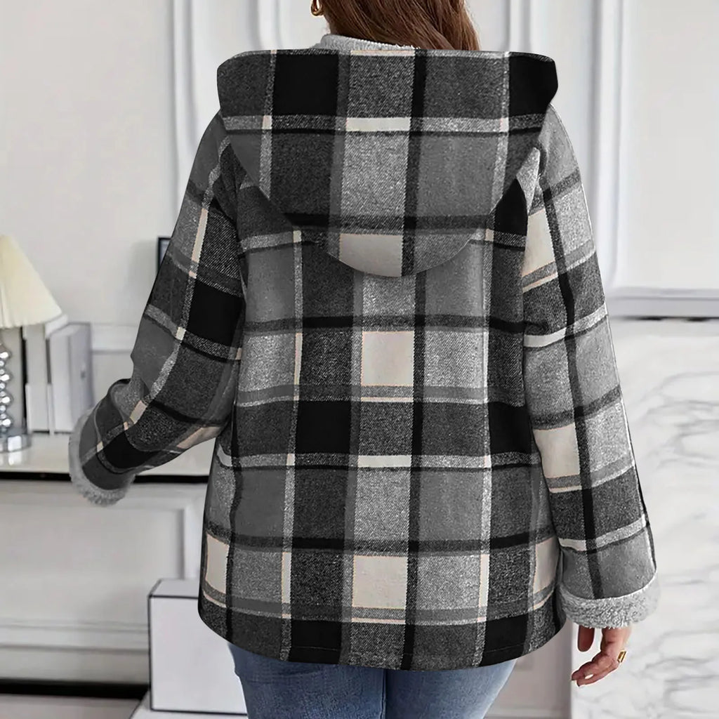 Women's Large Plaid Style Womens Jacket With Hooded Plaid Autumn And Winter Casual Loose Black White Plaid Coat Button Fall Top