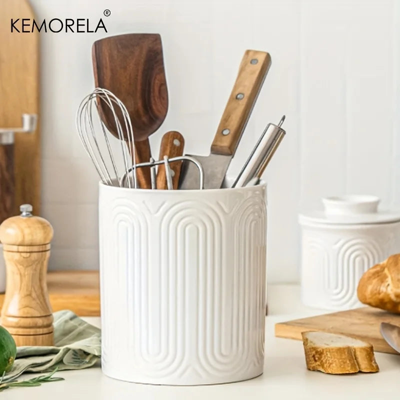Ceramic Utensil Holder Organizer - Kitchen Countertop Storage Jar for Forks Spoons Knives, White Porcelain Canister, 1/2-Piece