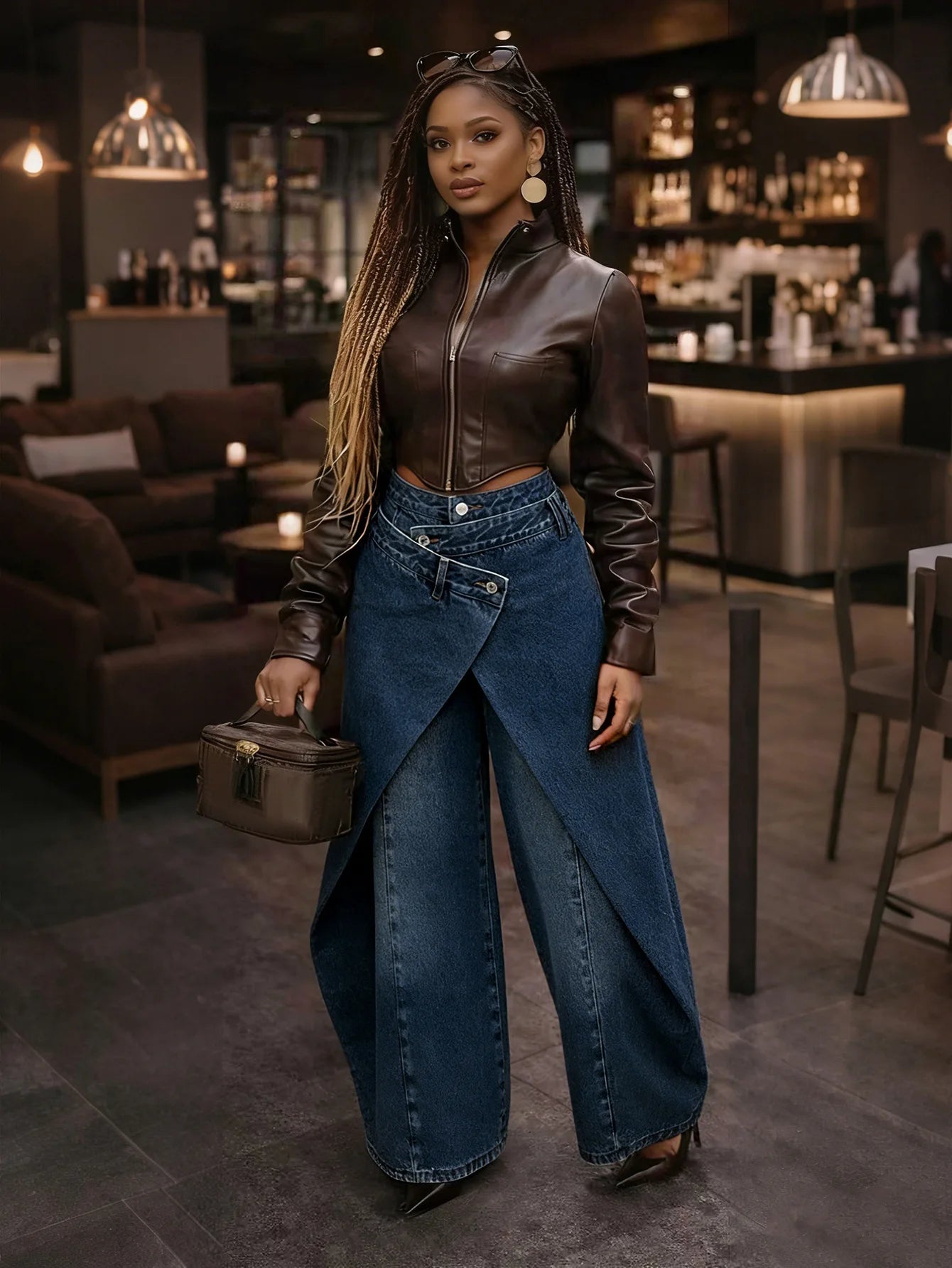 Vintage Washed Denim Wide Leg Pants Women Asymmetrical Wrap Overlap High Waist Y2K Streetwear Casual  Fashion Baggy Jeans