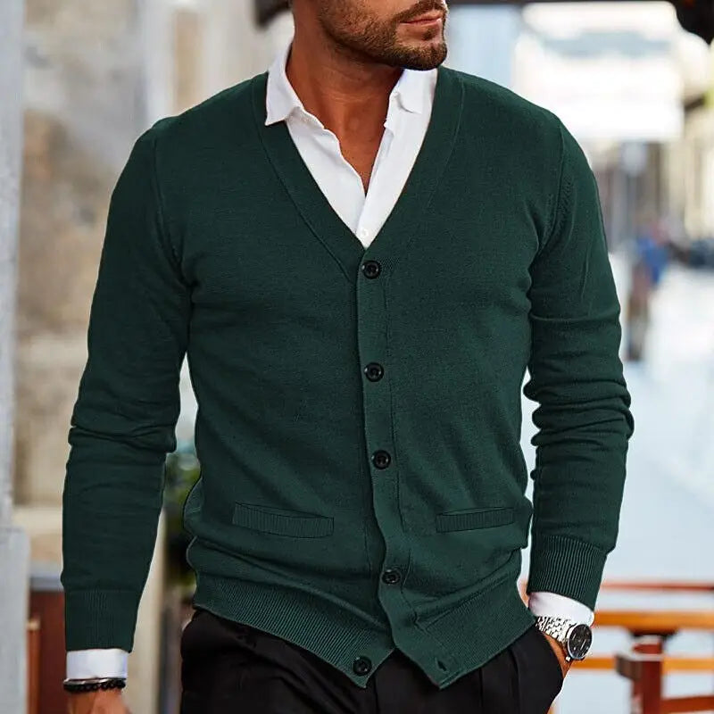 Spring Autumn Mens Solid Color Knitted Cardigan Fashion V-Neck Long Sleeve Slim Fit Sweater Coat with Pockets Men Knit Outwear