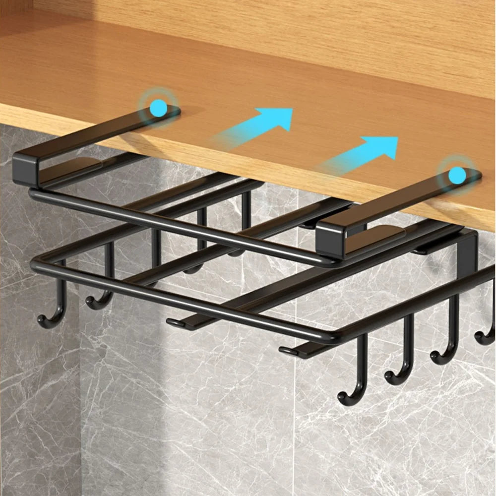 Kitchen Under Cabinet Hanging Organizer Rack with Hooks Multi-Purpose Holder for Paper Towel Cutting Board & Pot Lids