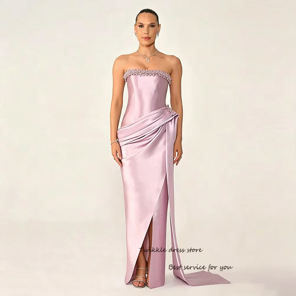 Strapless Satin Evening Dresses Crystal Embellished Mermaid Pink Party Dress with Slit Women's Formal Prom Gowns Customized