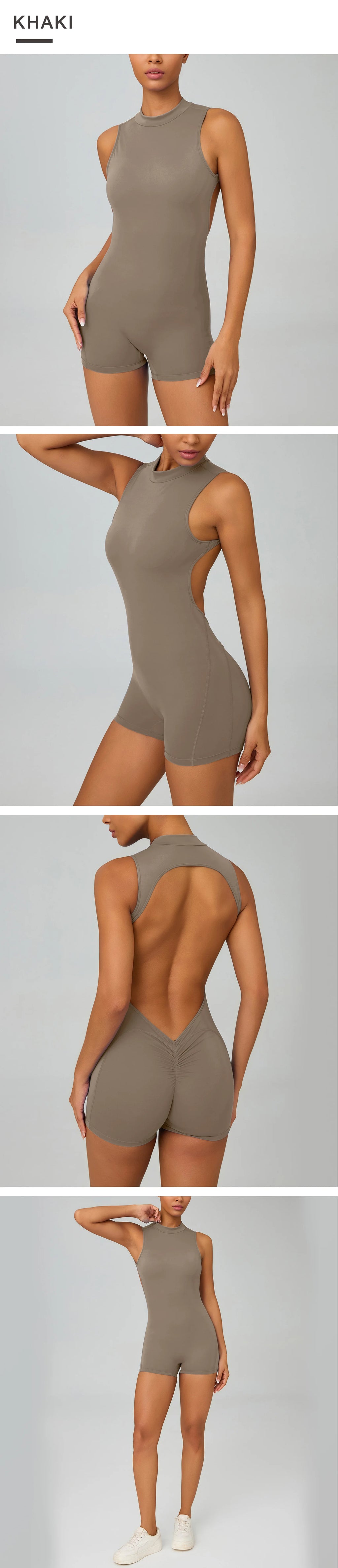 Greenora Sexy Backless Bodysuit Women Ruched Butt Lift Rompers Mock Neck Sleeveless Jumpsuit Streetwear Y2K Slim Fit Playsuit
