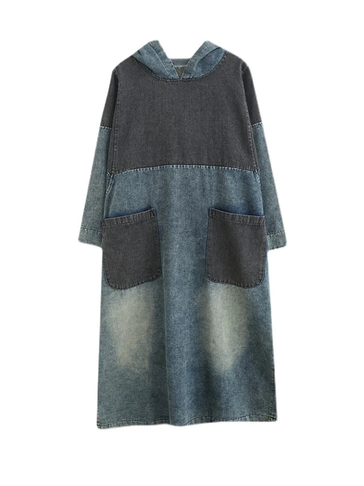 Amax luluE Autumn Womens Loose Vintage Hooded Design Denim Dresses European Style Casual Patchwork Long Vestidos Pockets Dress