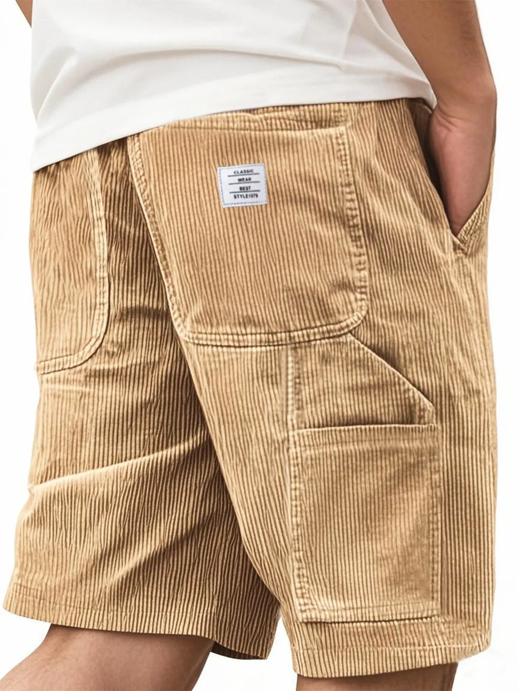 Men's Workwear Shorts Summer Casual Corduroy Loose Elastic Waist Multi-Pocket Leisure Pants Embroidery Retro Style Male Trousers