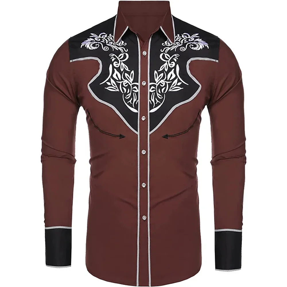 2023 New Men's Western Printed Long-Sleeved Lapel Single-Breasted Shirt Casual Social Men's Club Street Clothing
