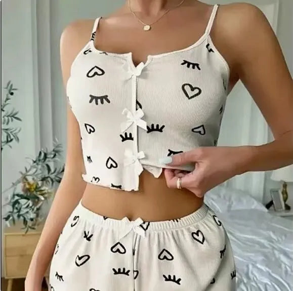 Summer New Arrival: Heart Print Cami Shorts Pajama Set - Trendy Cross Croptop Lounge Set for Women