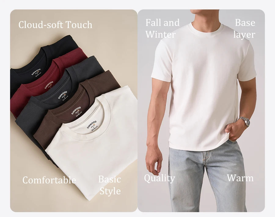 SIMWOOD 2026 Autumn Winter New Warm 260gsm Fabric T-Shirt Regular Fit Thermal Base Layer Comfortable Short Sleeve Tops