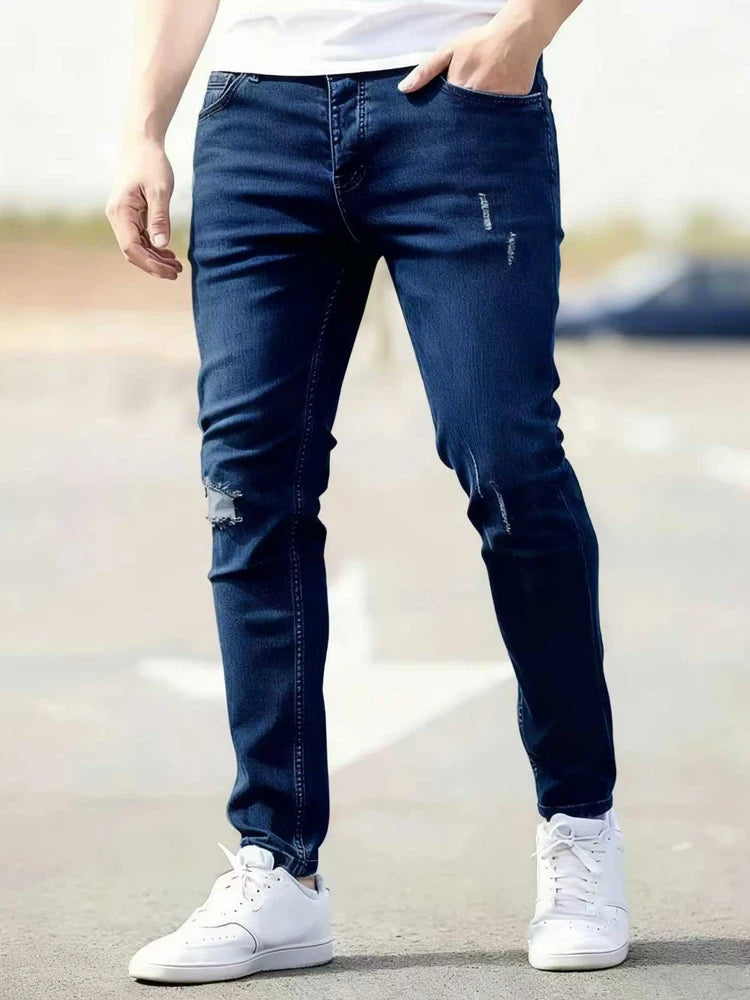 2026 Spring Men's Distressed Skinny Jeans Vintage Wash Elastic Biker Holes Casual Slim Fit Streetwear Denim Pencil Pants Joggers