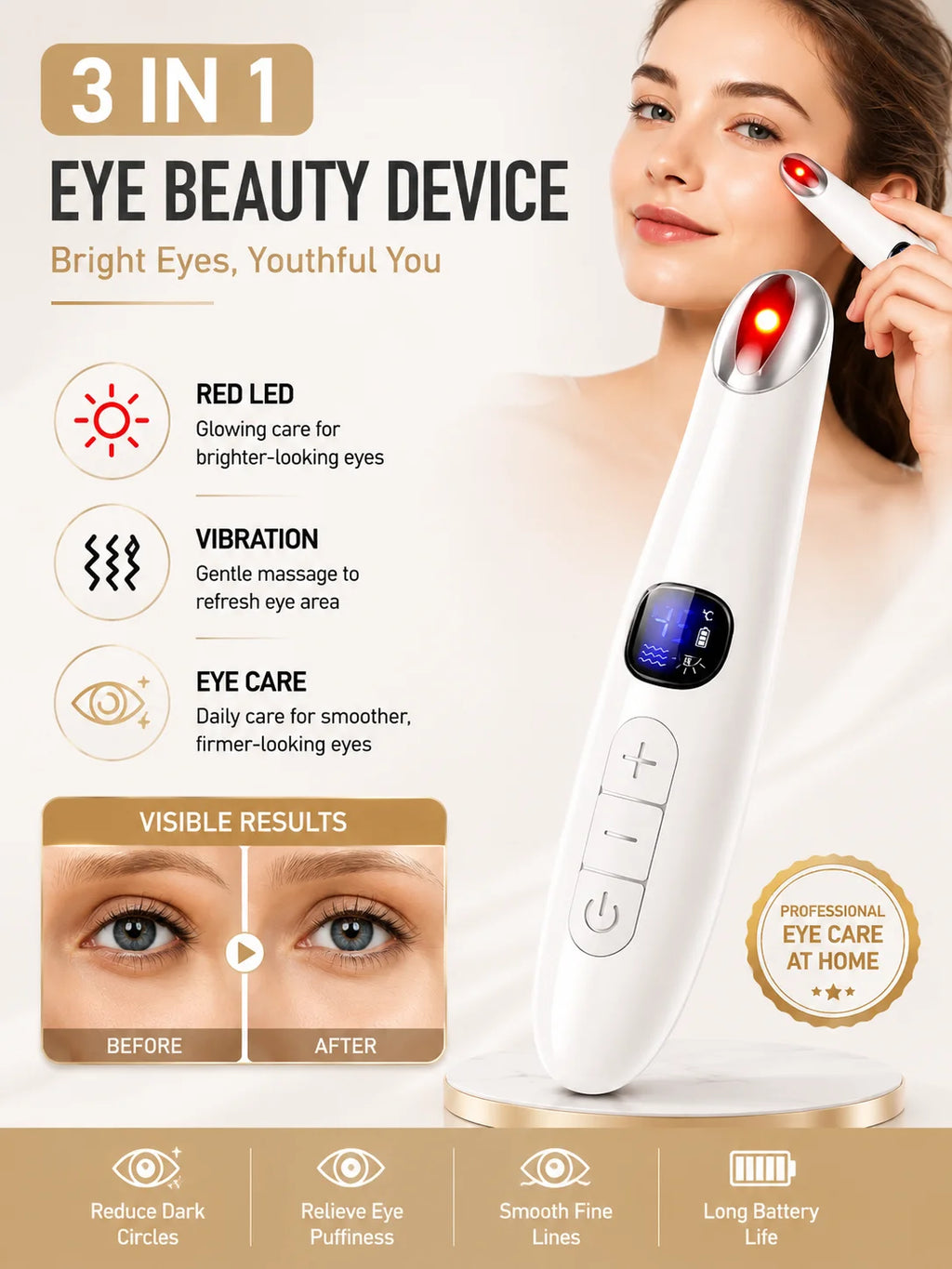 Eye Beauty Device 3 in 1 Eye Massager Wand with Red LED Light Vibration Massage Portable Beauty Machine Electric Eye Care Tool