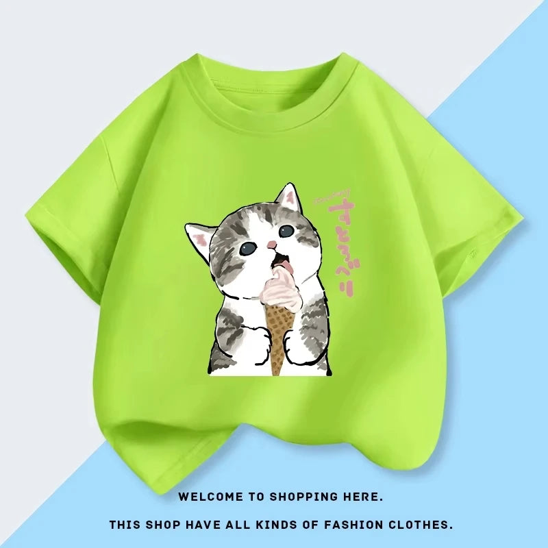 2026 New Mofusand Cat Girl's Clothing Short Sleeved T-shirt Baby Pure Cotton Top Summer New Clothes Children's Base Shirt