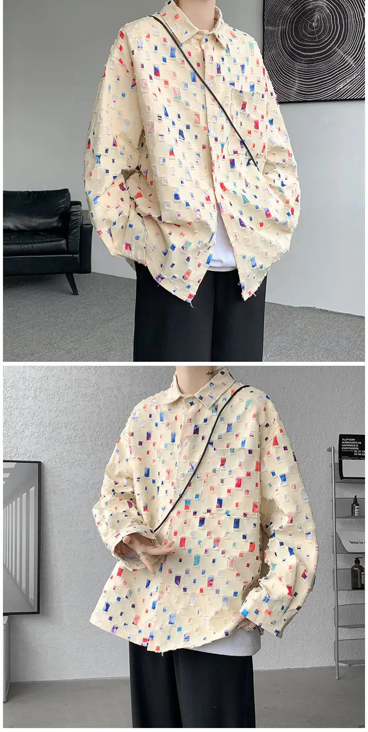 Cotton Hollow Out Shirt Men Oversized Colorful Plaid Shirt Men Streetwear Loose Long Sleeve Shirt Mens Hole Patch Shirts M-3XL