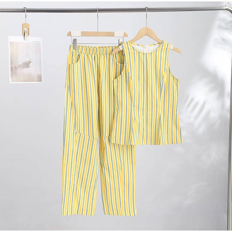Casual Striped Pleated Vest Pants Women's Set Elegant Sleeveless O-neck Top Wide Leg Trousers 2026 Summer Vacation Lady Outfit