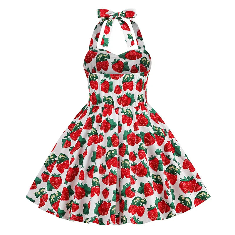 Kids Girls Vintage Halterneck Dress Polka Dots Cherry Strawberry Daily Birthday Party 1950s Swing Dress Summer Princess Dress