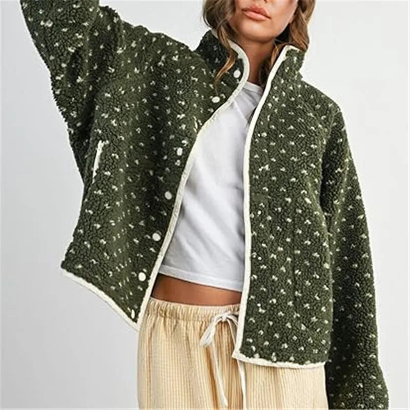 Women Y2k Heart Printed Jacket Fuzzy Zip Up Long Sleeve Warm Oversized Fall Winter Sherpa Fleece Cropped Jackets Coat Outwear