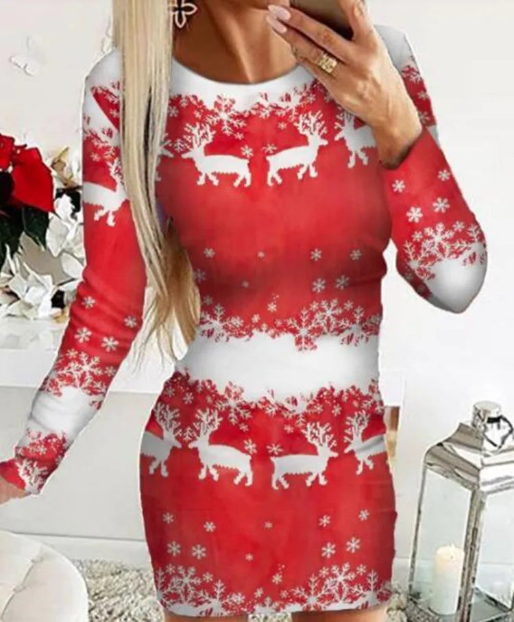 Christmas Women's Dresses 2024 Autumn Long Sleeve Fashion Snowflake Elk Print Casual O-Neck Daily Skinny Mini Dress