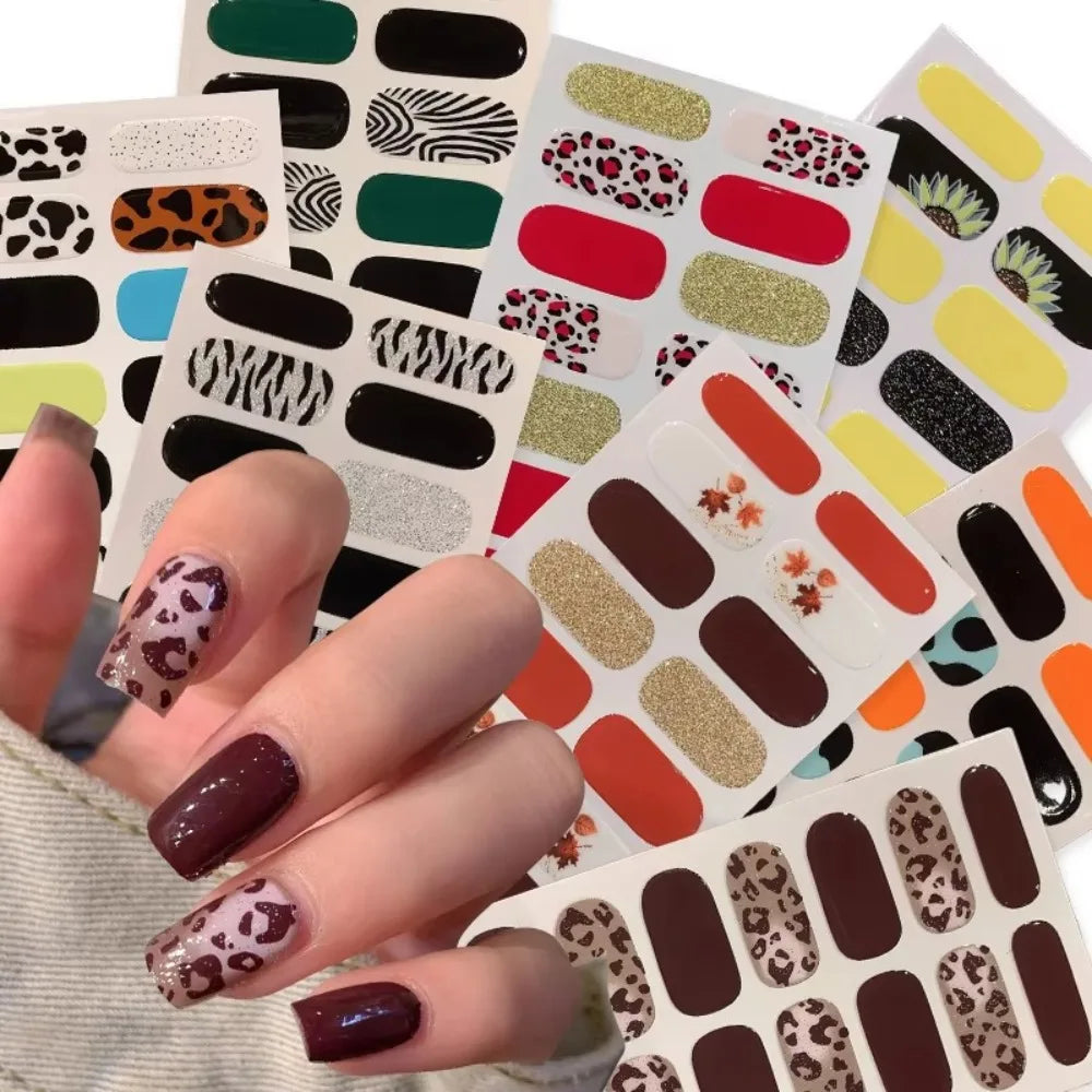 32 Strips Autumn Nail Stickers Semi Cured Full Cover Gel Nail Polish Strips Manicure Leopard Print Nail Patch